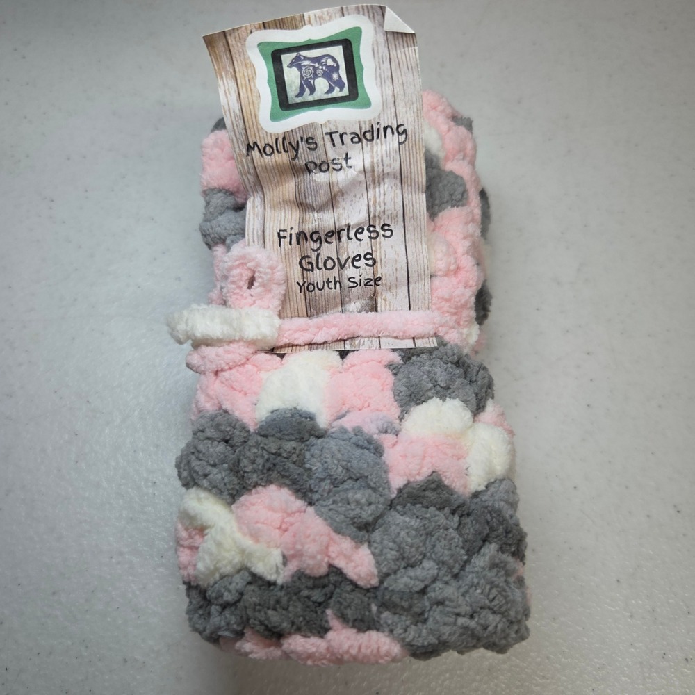 Mollys Trading Post Fingerless Gloves Youth Pink Gray White Crochet